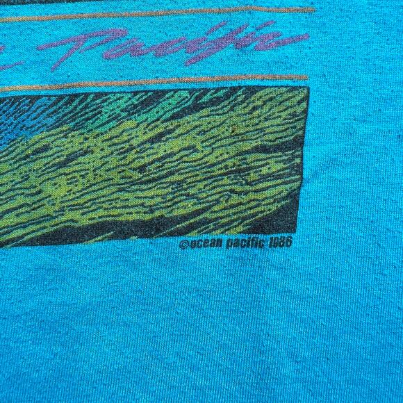 Vintage 80s OP Ocean Pacific Surfing T Shirt Blue Green Single Stitch Baby Tee - Picture 4 of 9